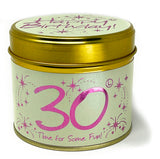 Lily-Flame Happy Birthday 30th scented tin candle with colorful birthday design and floral accents, perfect for celebrating milestones.
