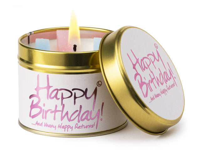Lily-Flame Happy Birthday scented tin candle with colorful birthday cake and candles design, perfect for celebrating special occasions.
