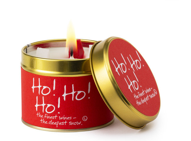 Lily-Flame Ho Ho Ho scented tin candle with festive red and white design, ideal for holiday home decor and cozy ambiance.