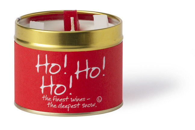 Lily-Flame Ho Ho Ho scented tin candle with festive red and white design, perfect for holiday ambiance.