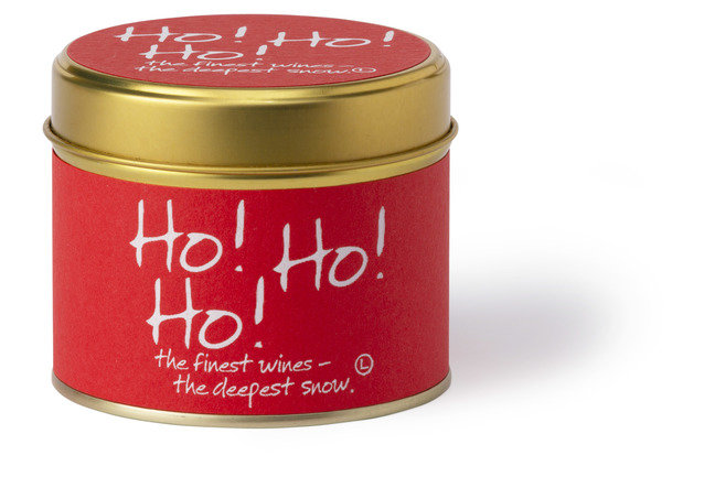 Lily-Flame Ho Ho Ho scented tin candle with festive red and white design, ideal for holiday decor and cozy ambiance.