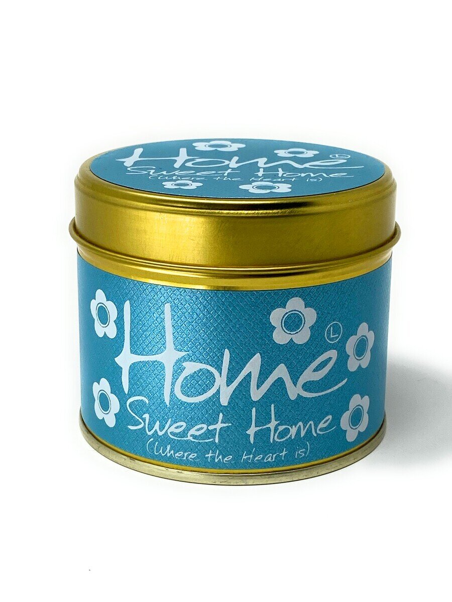 Lily-Flame Home Sweet Home scented tin candle with decorative label and metal lid, designed to add cozy ambiance.