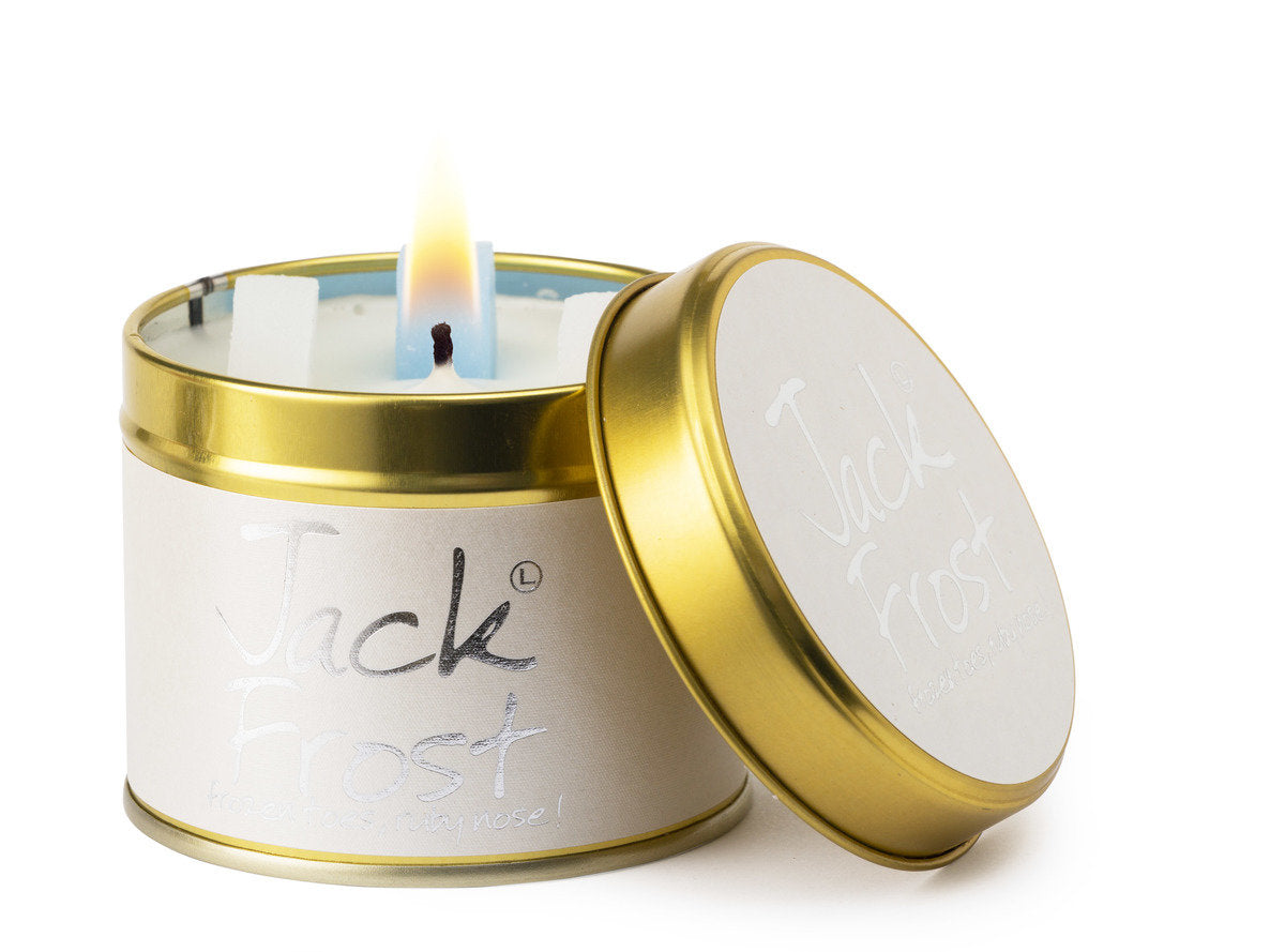 Lily-Flame Jack Frost scented tin candle with winter-themed label and frosty design, perfect for cozy home ambiance.