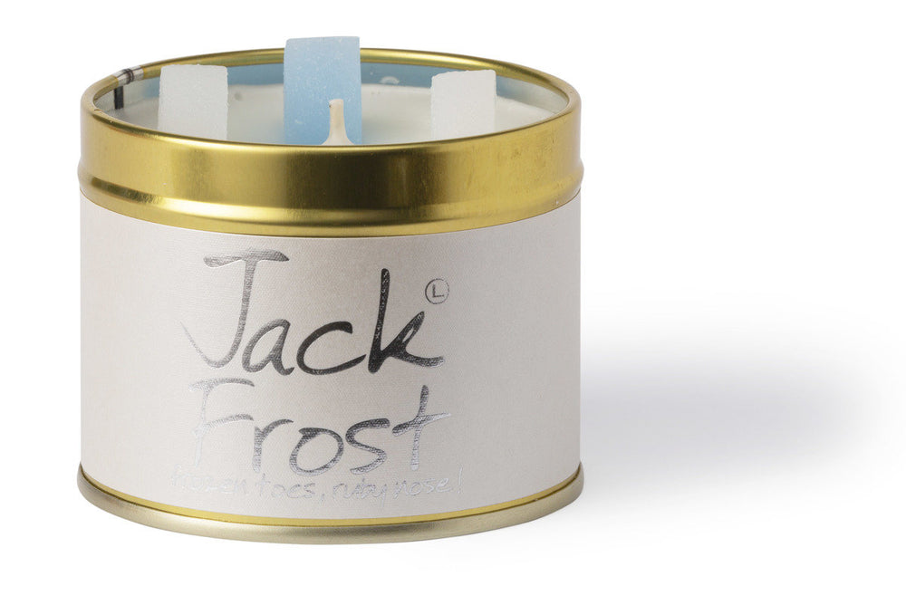 Lily-Flame Jack Frost scented tin candle with festive winter design, ideal for cozy home decor and aromatic ambiance.