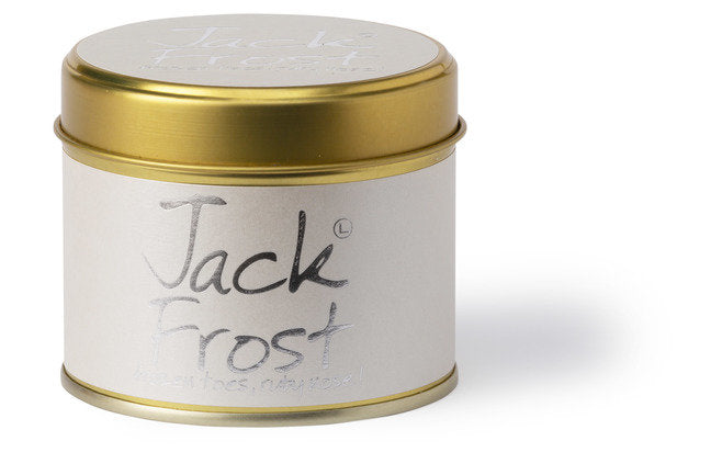 Lily-Flame Jack Frost scented tin candle with winter-themed design, perfect for cozy ambiance and home fragrance.
