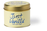 Lily-Flame Just Vanilla scented tin candle with a decorative label and a lit wick, designed for warm, vanilla fragrance.