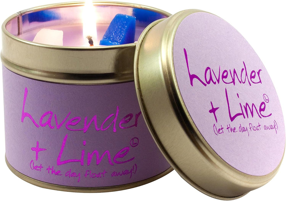 Lily-Flame lavender and lime scented tin candle with a decorative label and silver lid, perfect for relaxing aromatherapy.