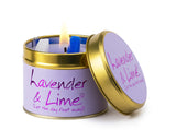 Lily-Flame lavender and lime scented tin candle with floral design and metal lid, perfect for home fragrance.
