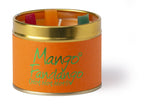 Lily-Flame Mango Fandango scented tin candle with vibrant mango and floral design, ideal for creating a warm, tropical atmosphere.