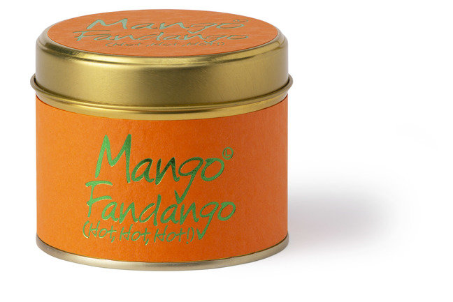 Lily-Flame Mango Fandango scented tin candle with a vibrant floral design and tropical mango fragrance in a decorative metal tin.