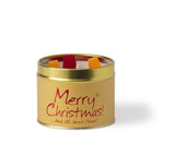 Lily-Flame Merry Christmas scented candle in a festive tin with holiday-themed design, perfect for seasonal decor.