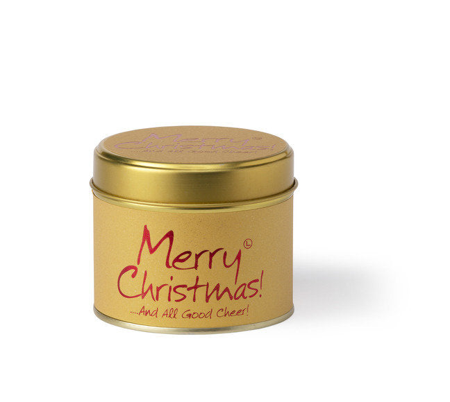 Lily-Flame Merry Christmas scented tin candle with festive holiday design and warm flickering flame.