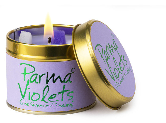 Lily-Flame Parma Violets scented tin candle with purple floral design and vintage-inspired packaging.