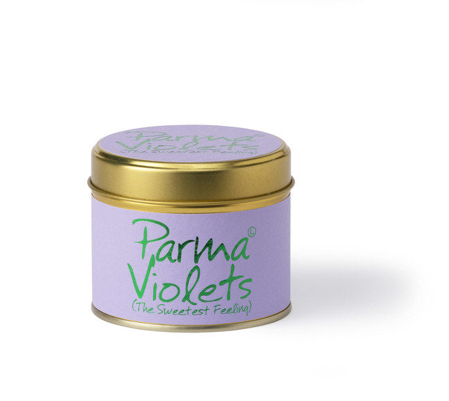 Lily-Flame Parma Violets scented tin candle with purple floral design and a metal lid, perfect for fragrant home decor.