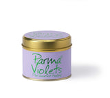 Lily-Flame Parma Violets scented tin candle with purple floral design and a metal lid, perfect for fragrant home decor.