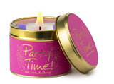 Lily-Flame Party Time scented tin candle with colorful design, perfect for adding a festive touch to any space.