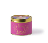 Lily-Flame Party Time scented tin candle with colorful floral design, perfect for creating a festive ambiance.