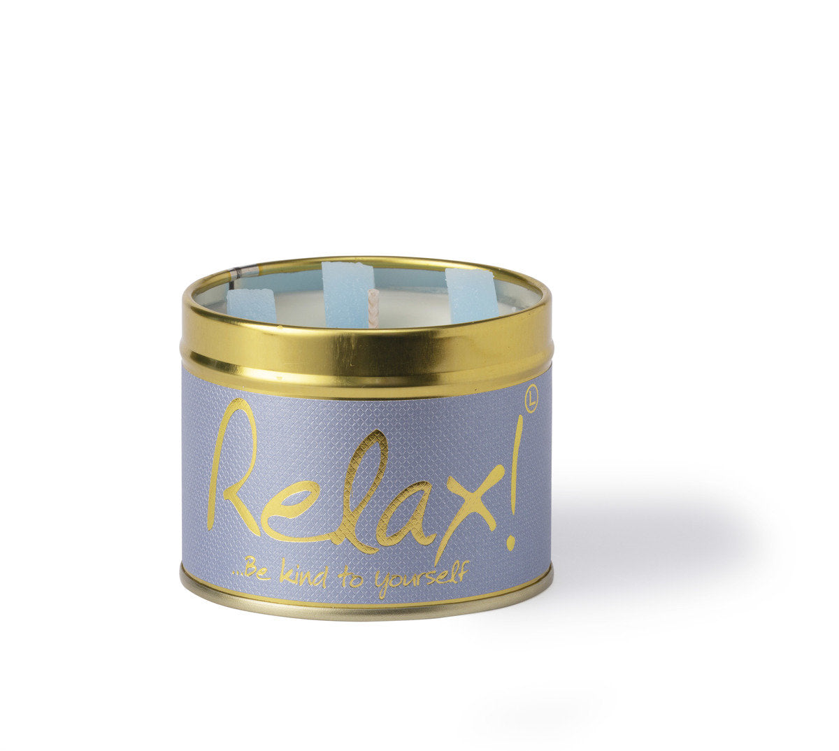 Lily-Flame Relax scented tin candle with a colorful label, designed for calming home ambiance and relaxation.
