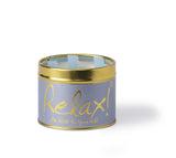 Lily-Flame Relax scented tin candle with a colorful label, designed for calming home ambiance and relaxation.