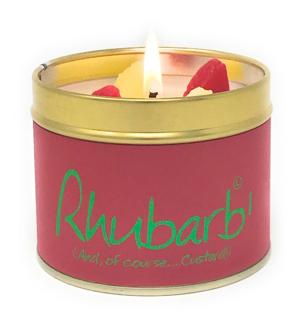 Lily-Flame Rhubarb scented tin candle with a decorative label, perfect for adding a fragrant touch to any space.