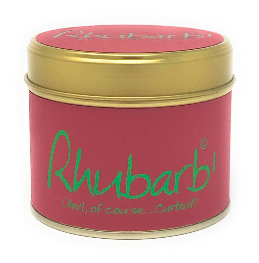 Lily-Flame Rhubarb Scented Tin Candle with a decorative label and gold lid, perfect for home fragrance.