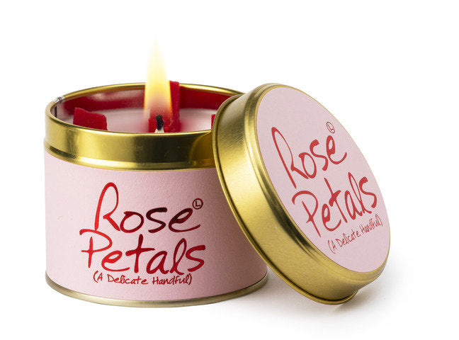 Lily-Flame Rose Petals scented tin candle with a decorative floral design, perfect for creating a warm, fragrant atmosphere.