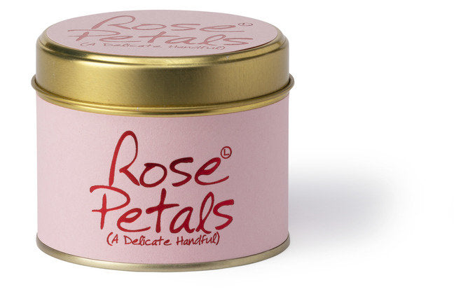 Lily-Flame Rose Petals scented candle in a tin, showing a beautifully decorated rose petal design on the lid and candle surface.