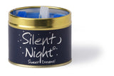 Lily-Flame Silent Night scented tin candle with festive holiday design, perfect for cozy winter ambiance.