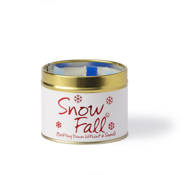Lily-Flame Snow Fall scented tin candle with a winter-themed design and cozy, festive packaging.
