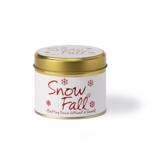Lily-Flame Snow Fall scented tin candle with a festive winter design in a metal container.