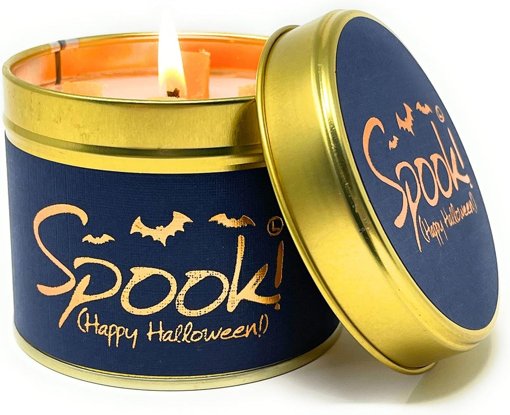 Lily-Flame Spook! Happy Halloween scented tin candle with spooky Halloween design and warm candlelight.