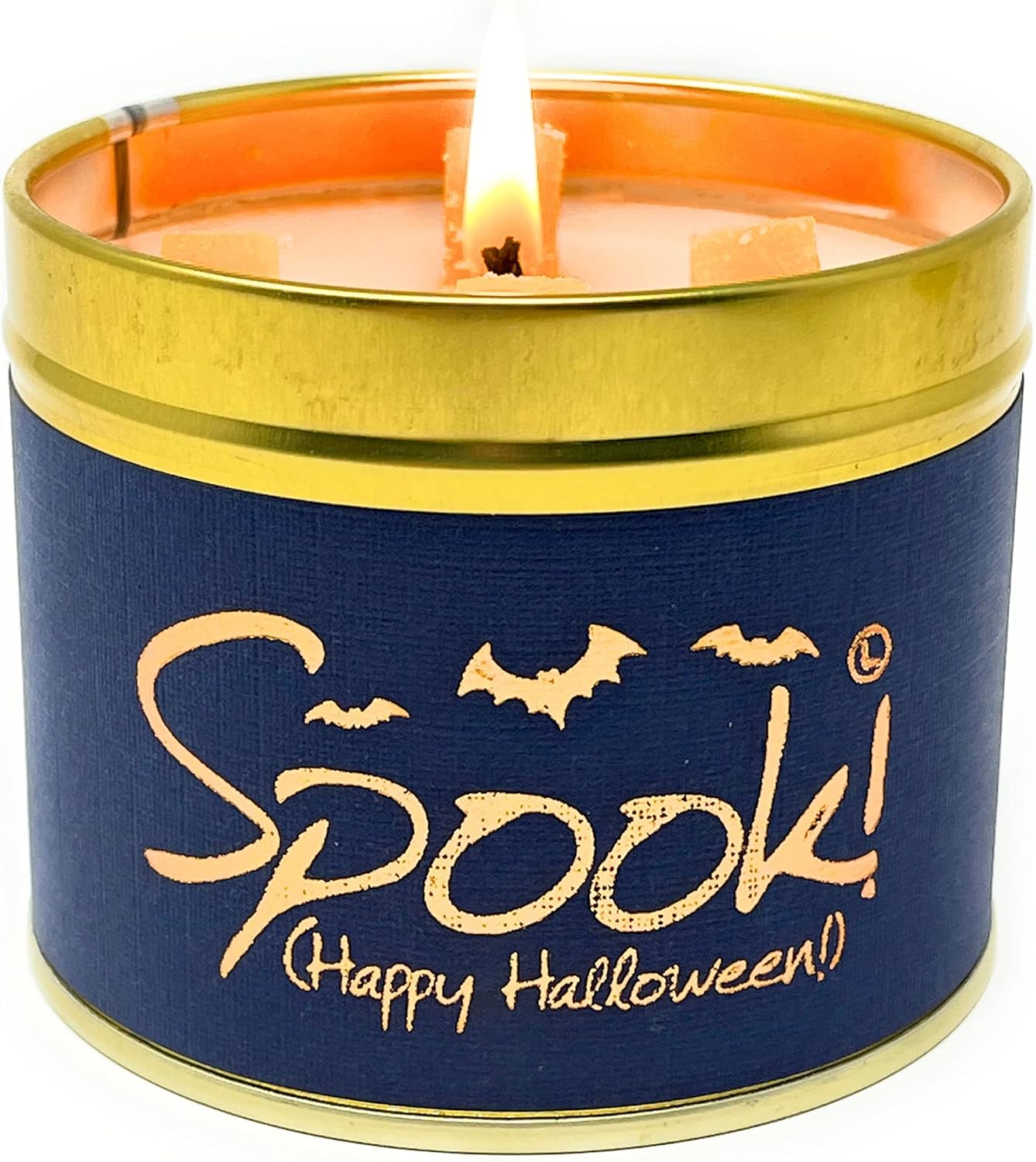 Lily-Flame Spook! Happy Halloween scented tin candle with Halloween-themed design, perfect for festive home decor and ambiance.