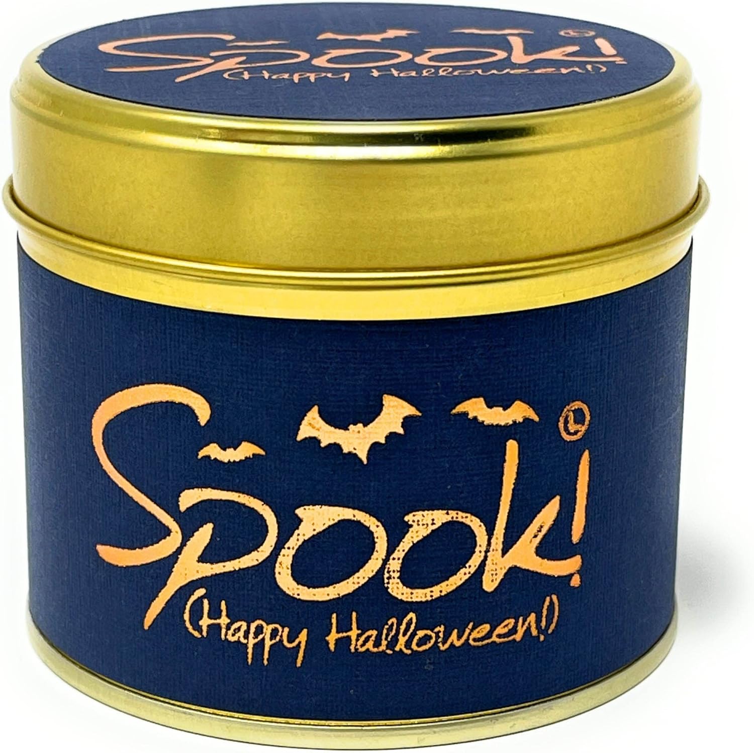 Lily-Flame Spook! Happy Halloween scented tin candle with Halloween-themed label and festive design.
