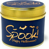 Lily-Flame Spook! Happy Halloween scented tin candle with Halloween-themed label and festive design.