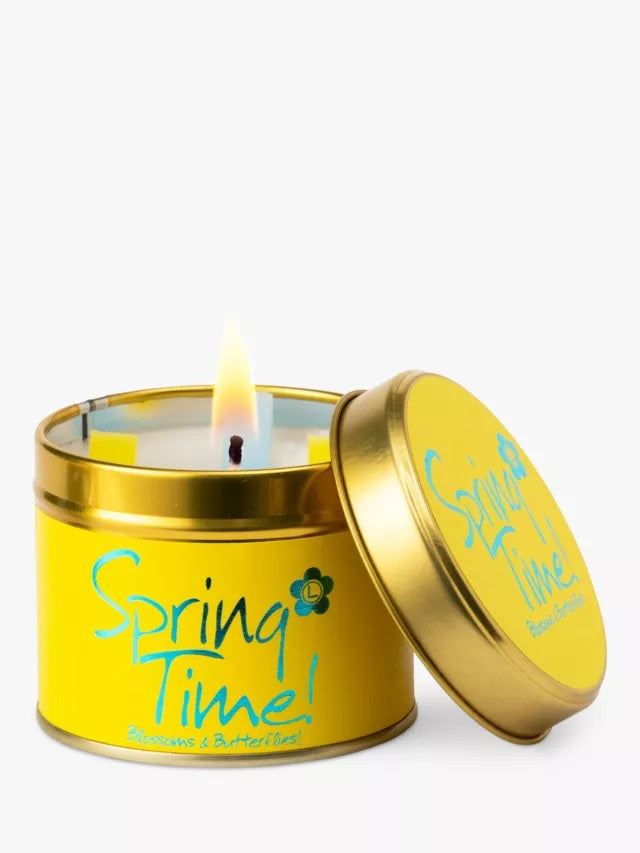 Lily-Flame Spring Time scented tin candle with floral design, showcasing the candle inside the decorative metal tin.