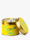Lily-Flame Spring Time scented tin candle with floral design, showcasing the candle inside the decorative metal tin.