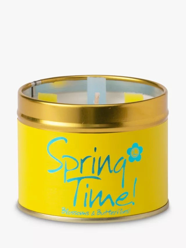 Lily-Flame Spring Time scented tin candle with floral design and a fresh spring fragrance in a compact metal container
