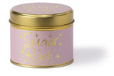 Lily-Flame Sugar Rush scented tin candle with a colorful, decorative label and metal lid, designed for home fragrance.