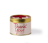 Lily-Flame Thank You scented candle in a tin, with a floral label and warm candlelight, ideal for gifting and home decor.