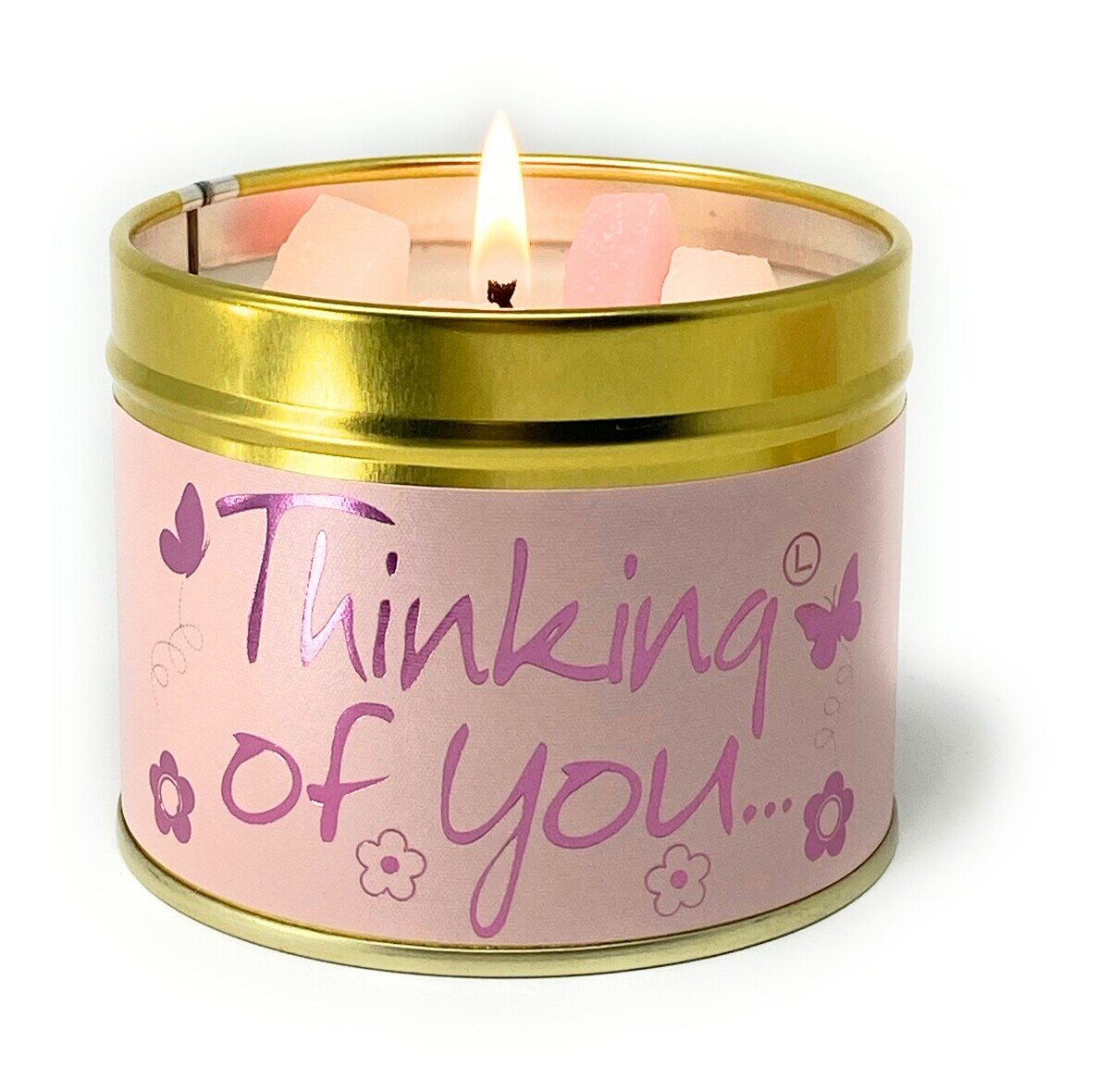 Lily-Flame Thinking of You scented tin candle with floral design, compact and decorative for cozy ambiance.