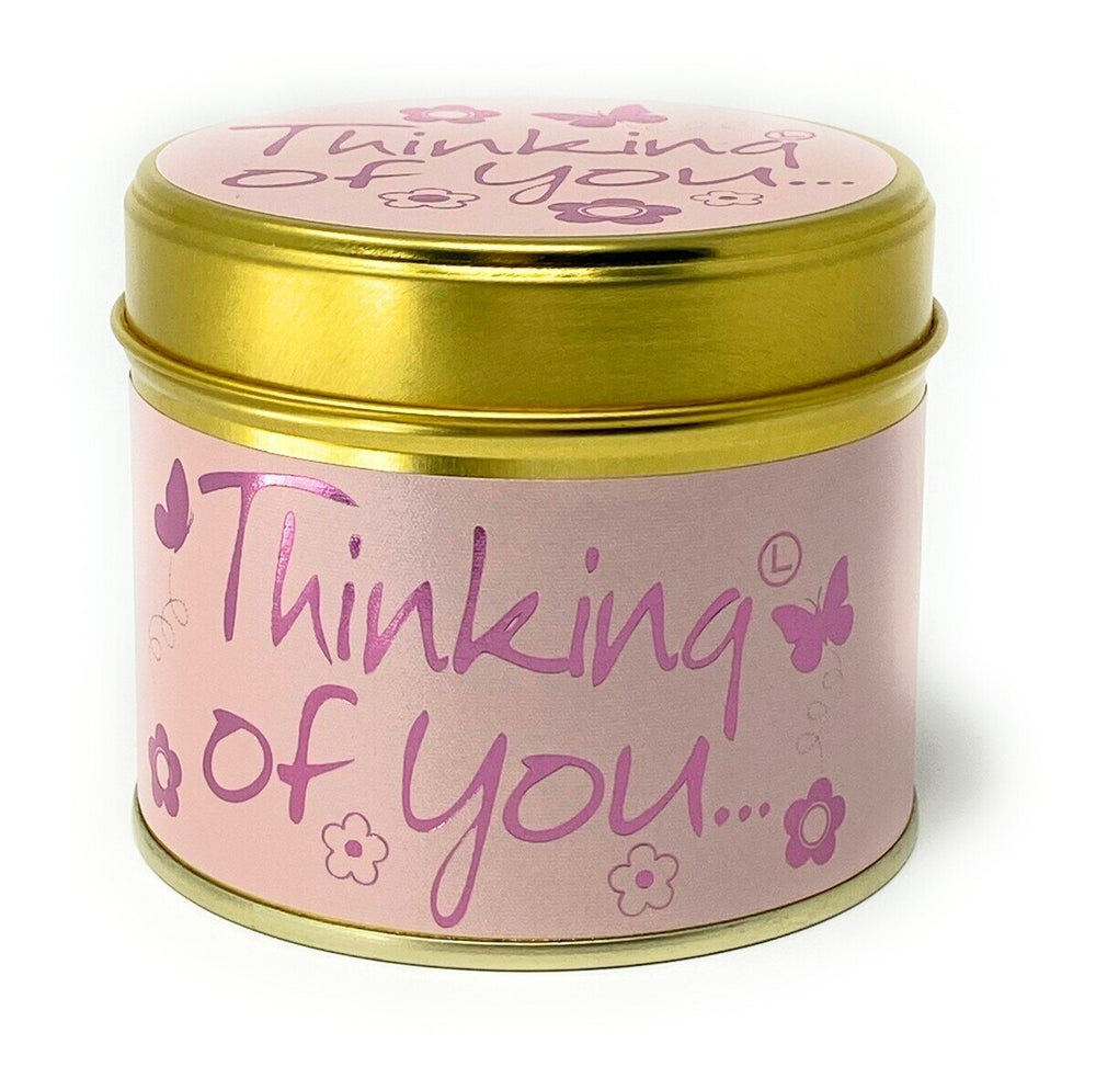 Lily-Flame Thinking of You scented tin candle featuring a decorative design, perfect for adding warm ambiance to any space.