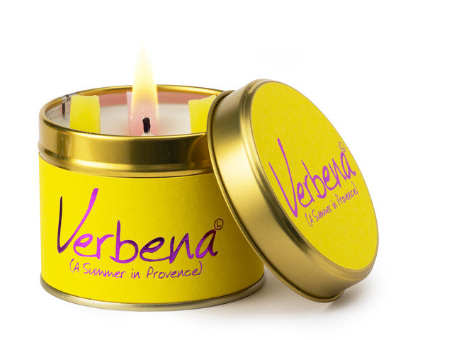 Lily-Flame Verbena scented tin candle with a floral label, compact design, and metal lid for decorative and aromatic use.