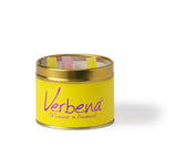 Lily-Flame Verbena scented tin candle with a floral design, perfect for adding a fragrant touch to your space.