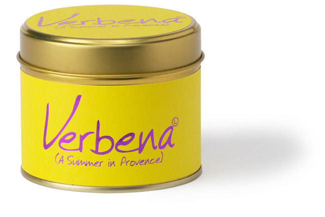 Lily-Flame Verbena Scented Tin Candle with a decorative label, designed for a fresh, floral aroma and cozy ambiance.