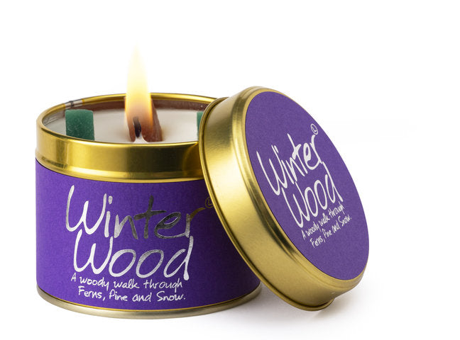 Lily-Flame Winter Wood scented tin candle with a winter-themed design, perfect for cozy home ambiance.