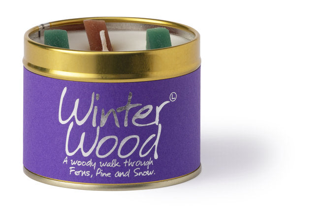 Lily-Flame Winter Wood scented tin candle with a festive winter design, perfect for cozy home ambiance.