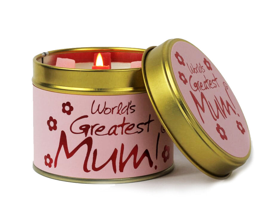 Lily-Flame World's Greatest Mum scented tin candle with a decorative label and lid, perfect for gifting or home decor.