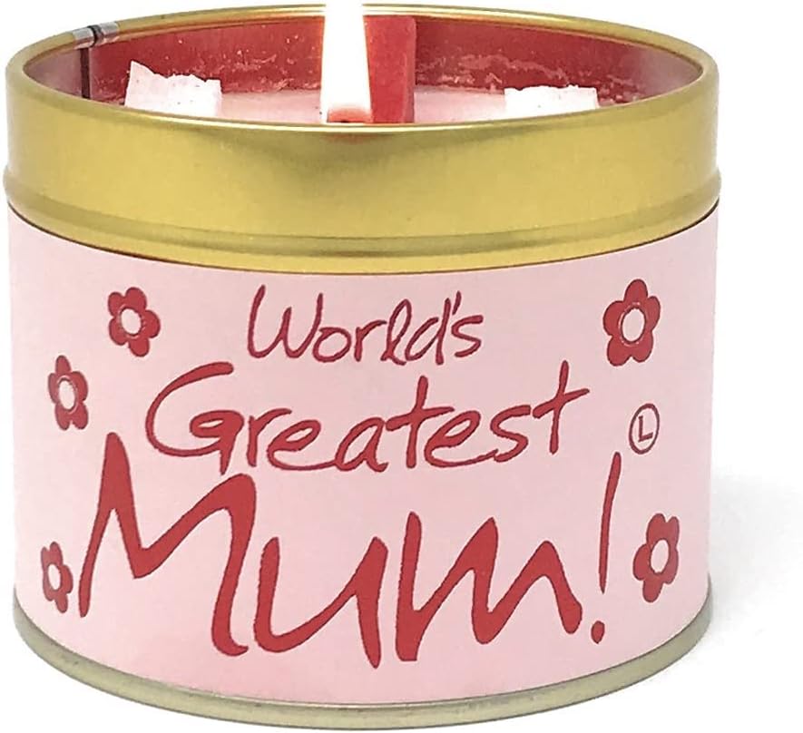Lily-Flame World's Greatest Mum scented tin candle with floral design and warm candle flame in a compact metal container