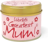 Lily-Flame World's Greatest Mum scented tin candle with floral design and warm candle flame inside, ideal for gifting or home decor.