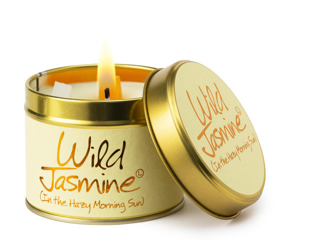 Wild Jasmine scented tin candle by Lily-Flame featuring a decorative metal tin with a floral label and wick for home fragrance.